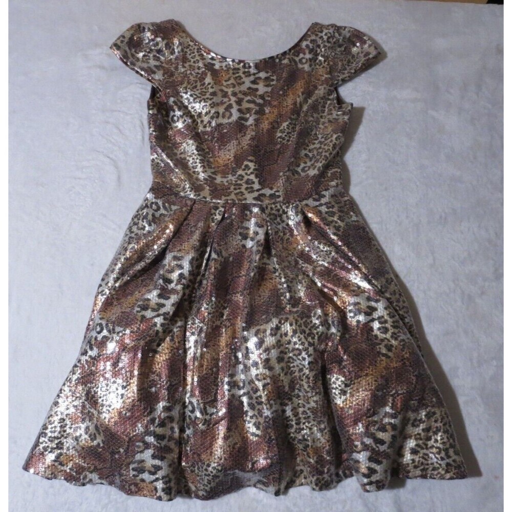 Betsey Johnson Brown Bronze Metallic Sequin Fit Flare Leopard Cheetah Dress Sz 2